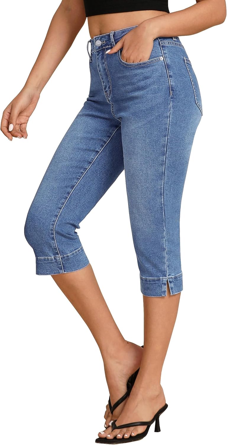 Trendy High Waisted Slim Split Hem Capri Jeans for Women