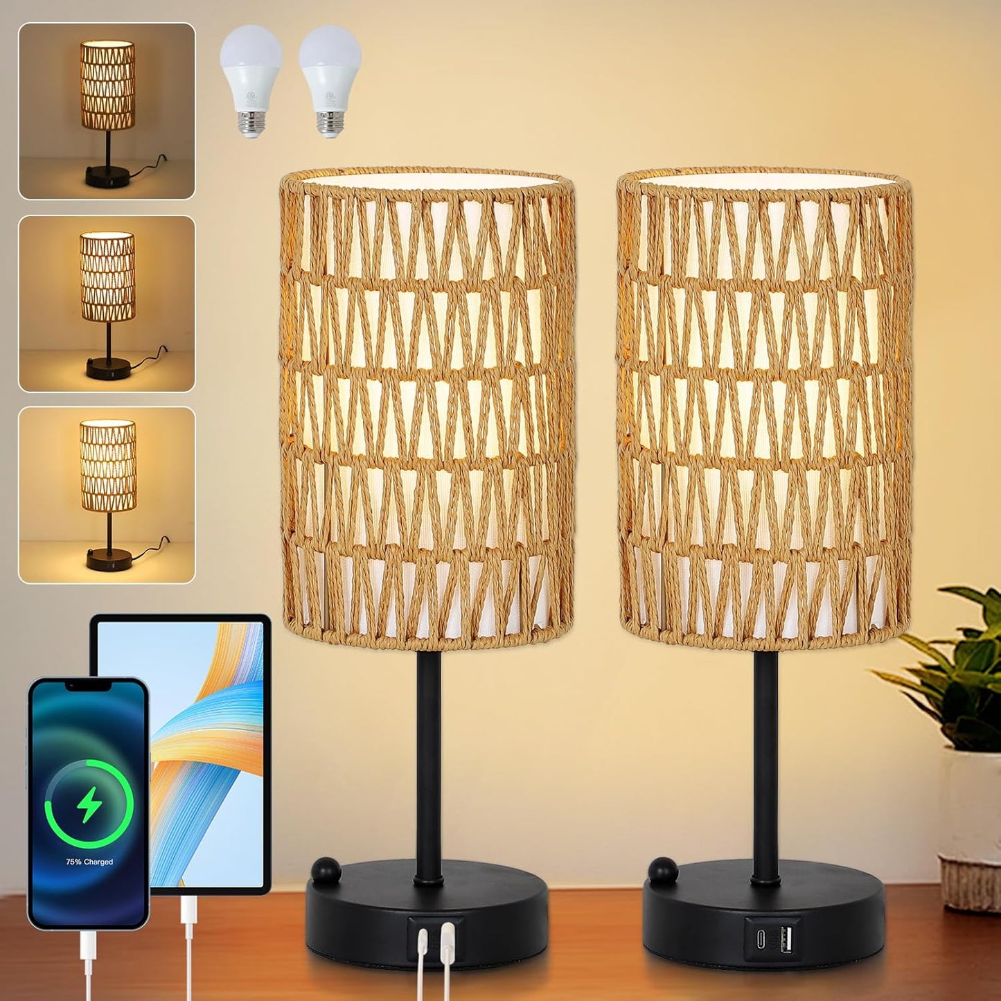 Touch Table Lamp Set of 2 with USB Charging for Bedroom