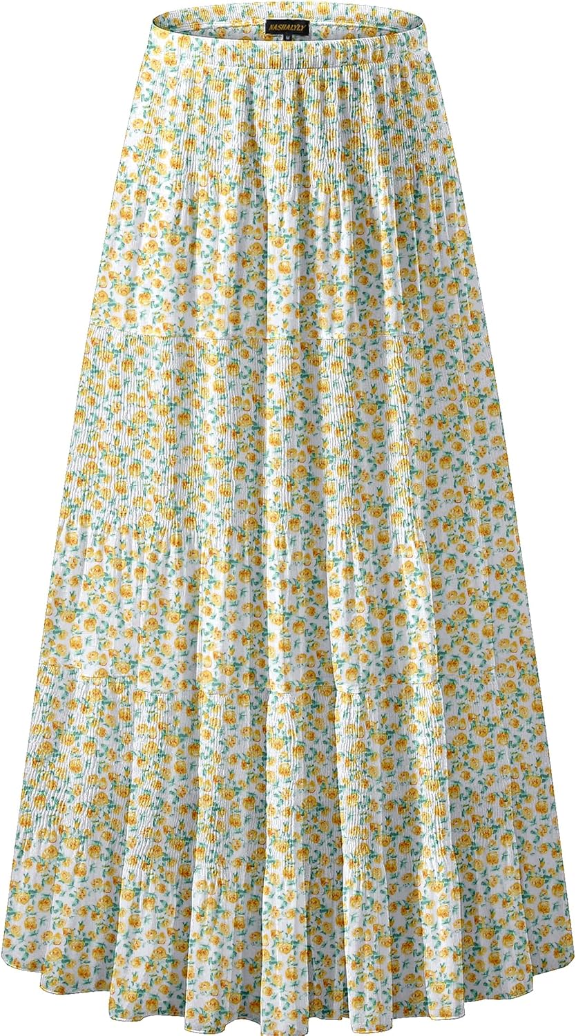 Chiffon Elastic High Waist Pleated A-Line Maxi Skirt for Women