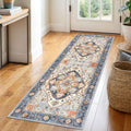 2x6 Ivory Blue Washable Runner Rug for Hallways - Soft Vintage Style