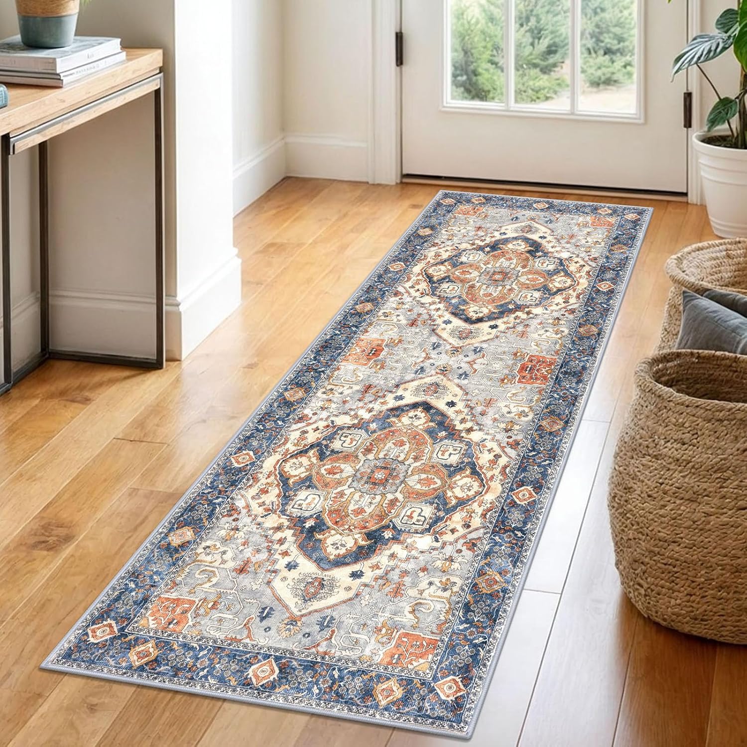 2x6 Ivory Blue Washable Runner Rug for Hallways and More