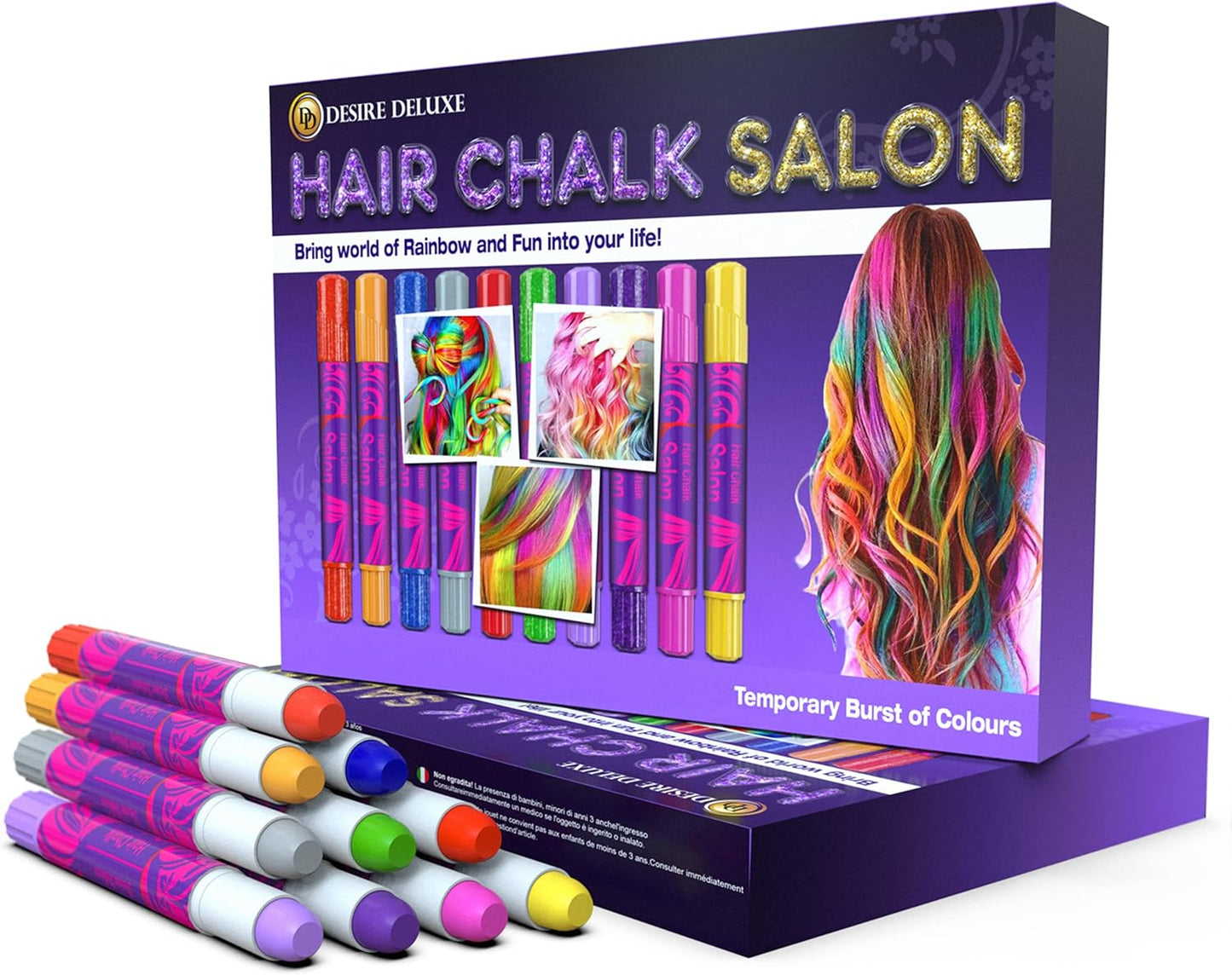 10 Desire Deluxe Hair Chalk Pens Set ~ Vibrant Temporary Colors for Kids 5-13, Blue, Green, Grey, Pink, Purple