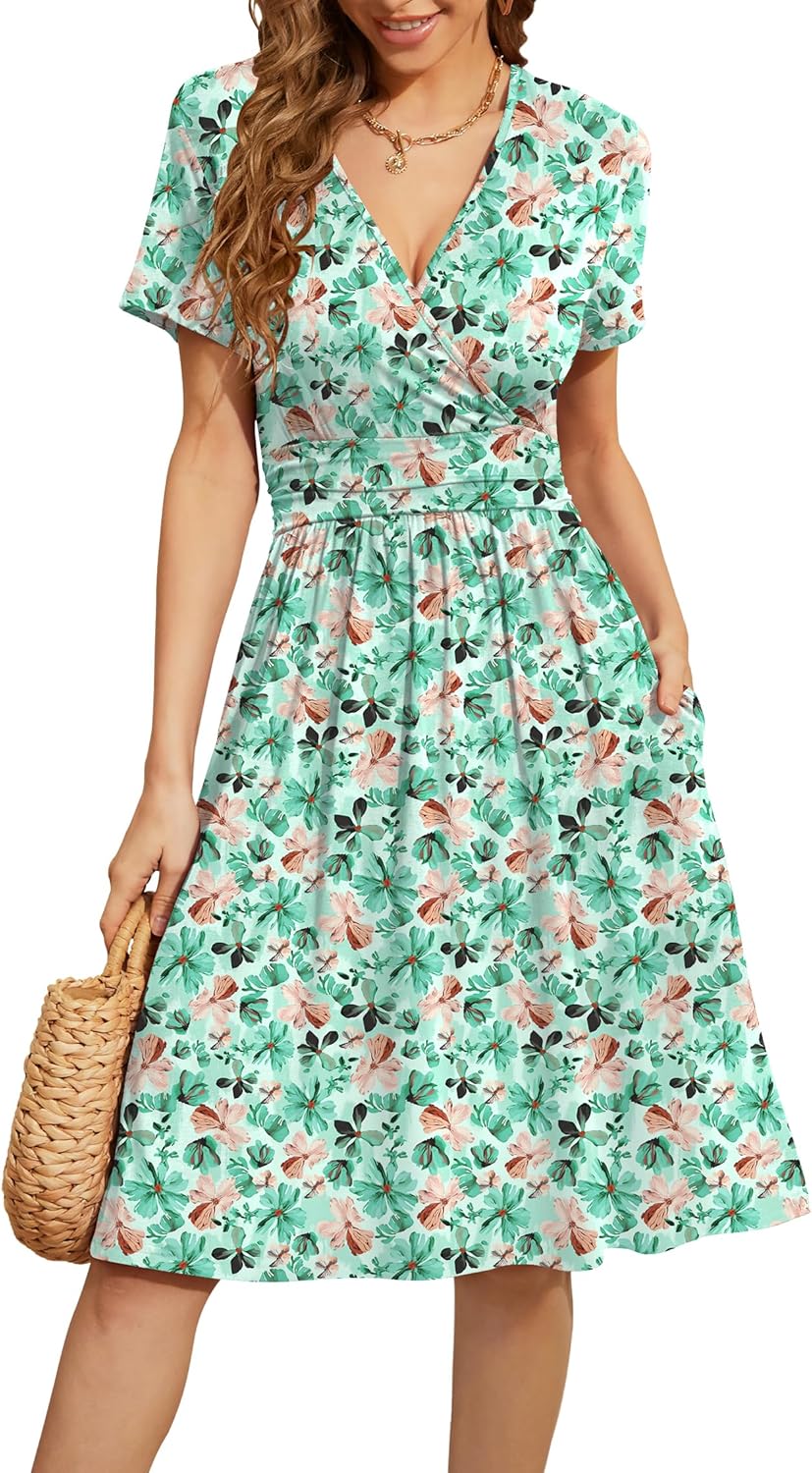 WEACZZY Women's Summer Short Sleeve Casual Floral Dress with Pockets