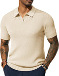 Mens V Neck Ribbed Textured Knit Polo Shirt - Lightweight Comfort