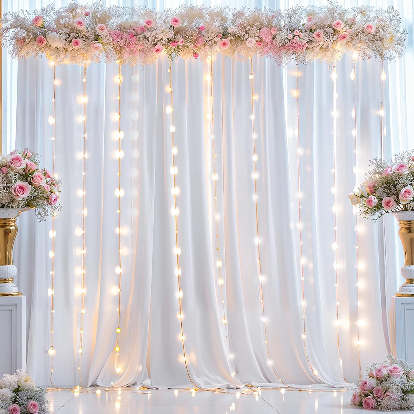 Wrinkle-Free White Backdrop Curtains with Lights - Perfect for Events!