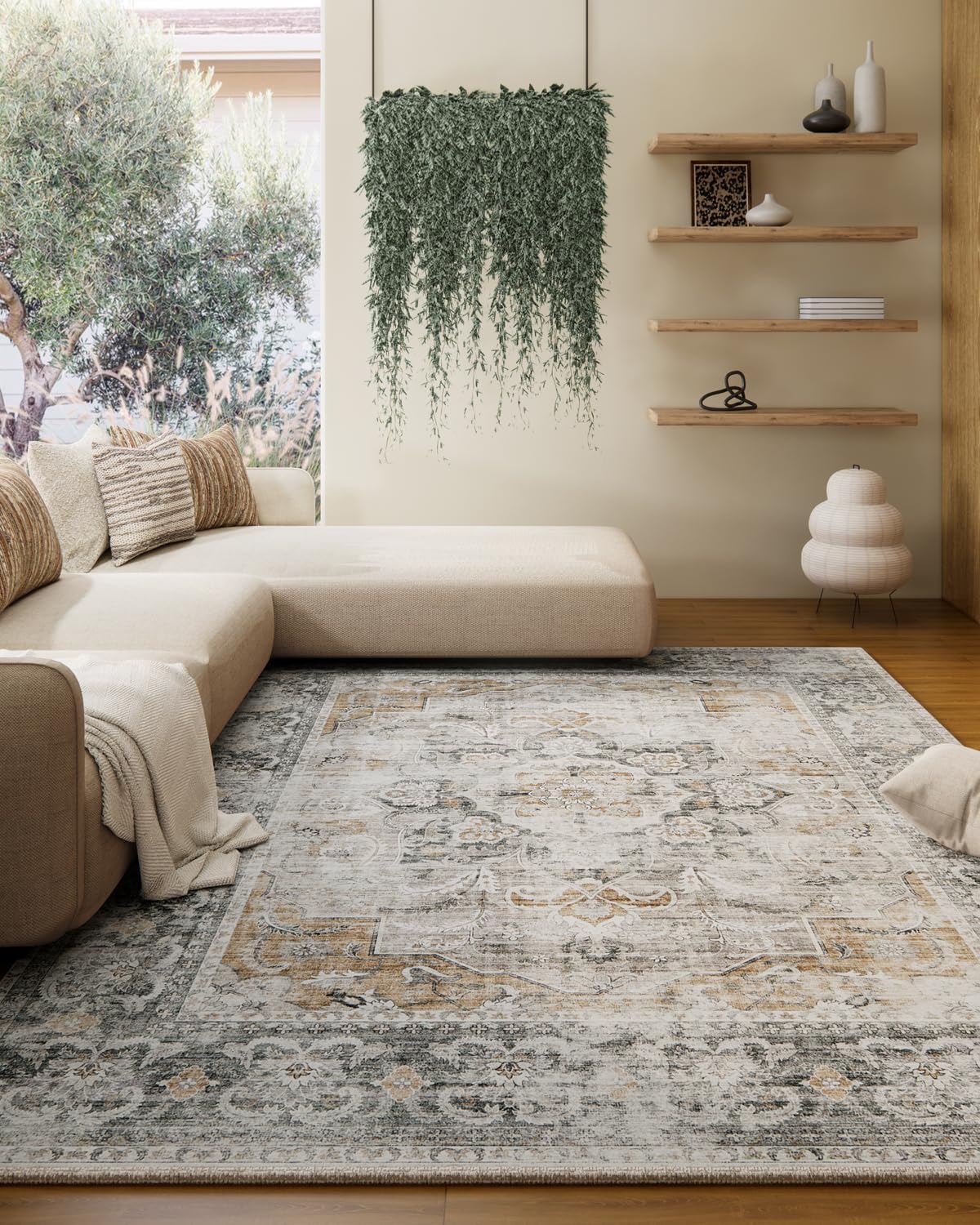 Machine Washable Living Room Rug: Soft Boho Vintage Design