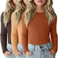 Girls Long Sleeve Ribbed Cotton Shirts 3 Pack - Slim Layering Tops