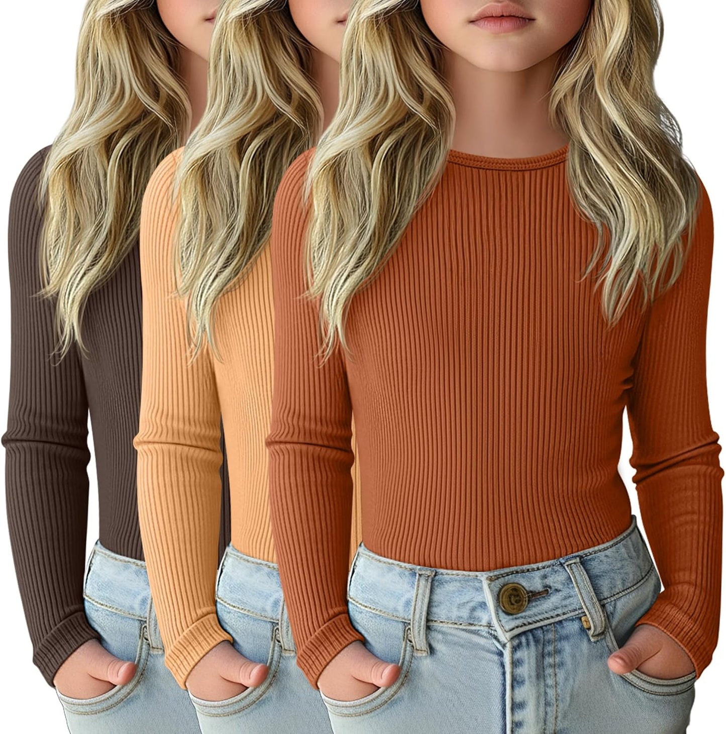 3 Pack Girls Long Sleeve Shirts for Casual Layering Tops
