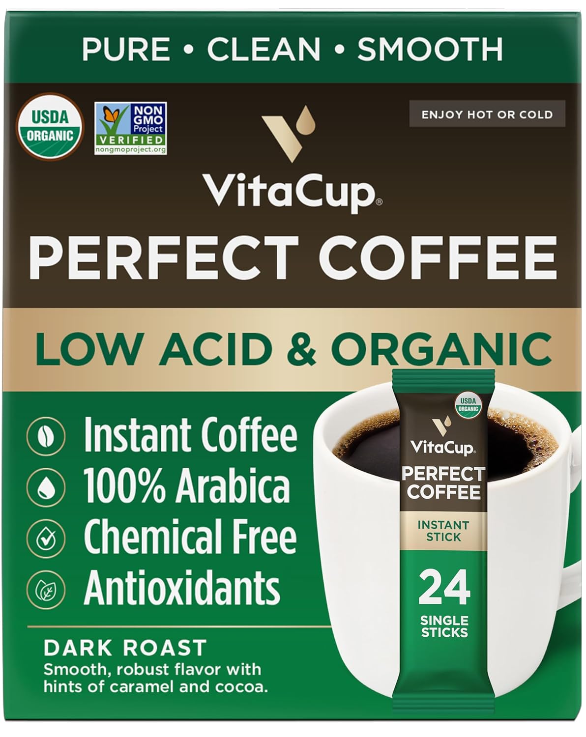 VitaCup Low Acid Dark Roast Coffee, USDA Organic, 24 ct
