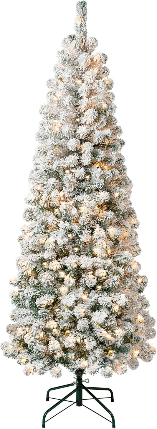 6 ft Pre-Lit Flocked Acacia Slim Artificial Christmas Tree