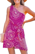 One Shoulder Leaf Print Self-tie Short Dress - Vacation Ready