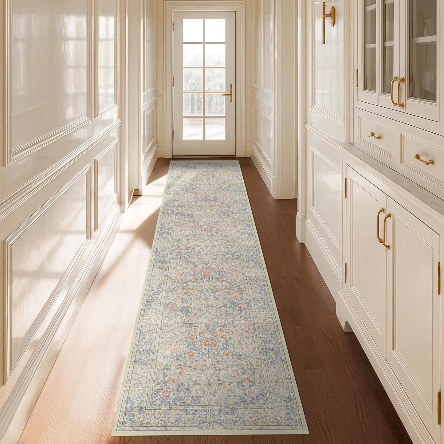 Washable Beige Blue 2x10 Runner Rug for Hallway Kitchen Mudroom