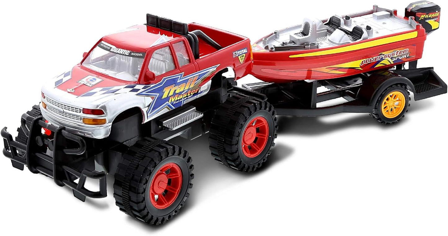 Mozlly Monster Truck Toys Set with Trailer and Boat for Kids