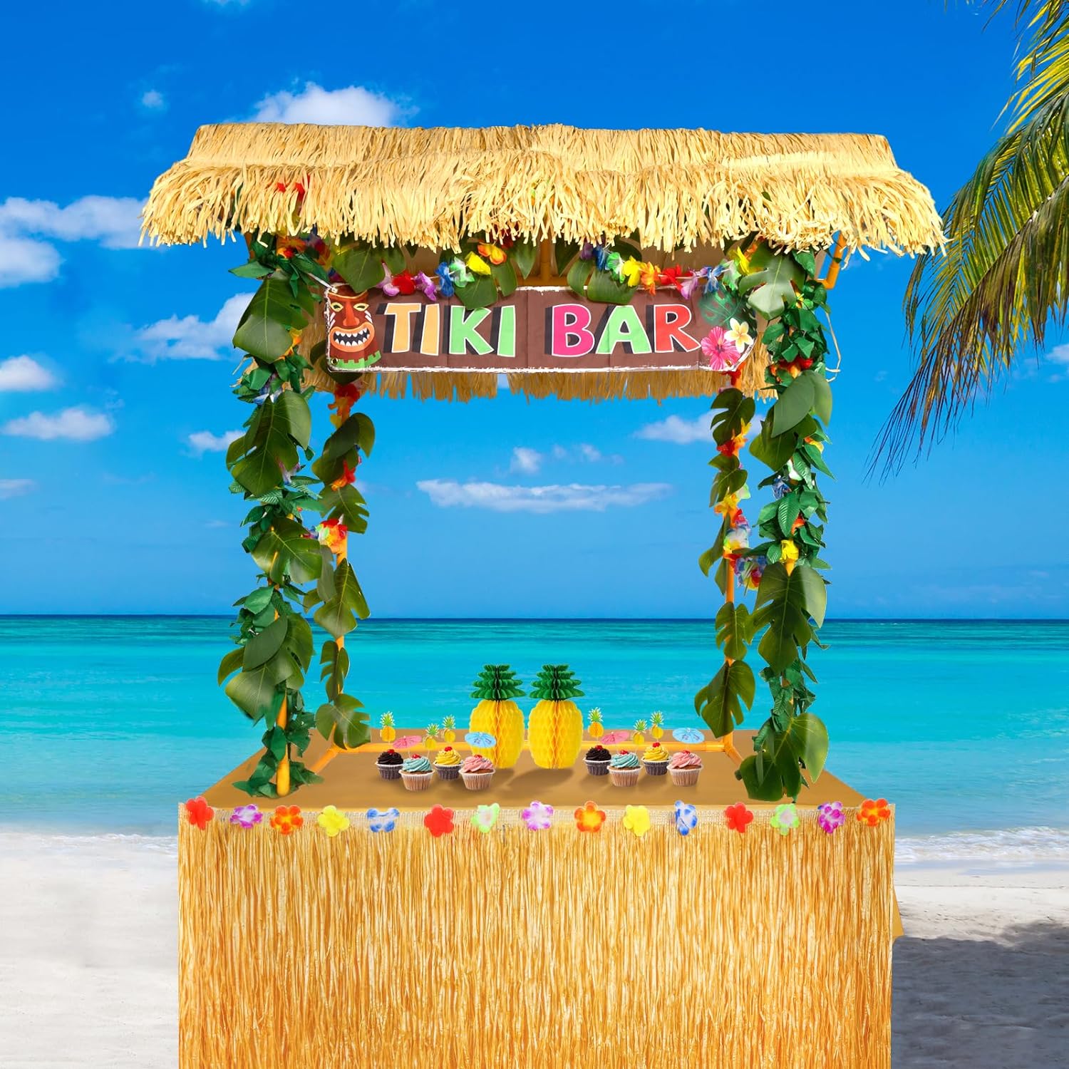 Tiki Bar Hut Kit for Luau Party Decor - 50PCS Complete Set