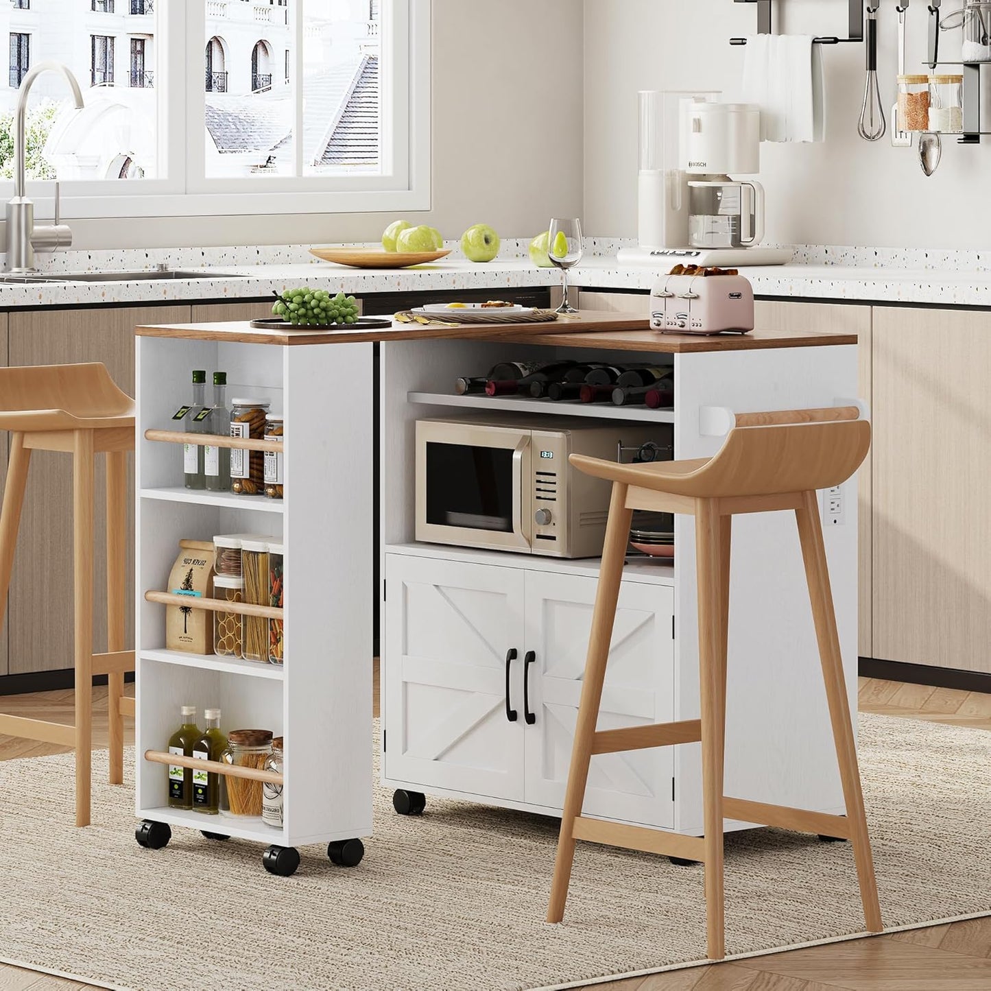 IRONCK Rolling Kitchen Island: Power Outlet, Extendable Table
