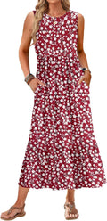 Womens Summer Maxi Dress Sleeveless Crewneck Tiered Sundress - Flowy