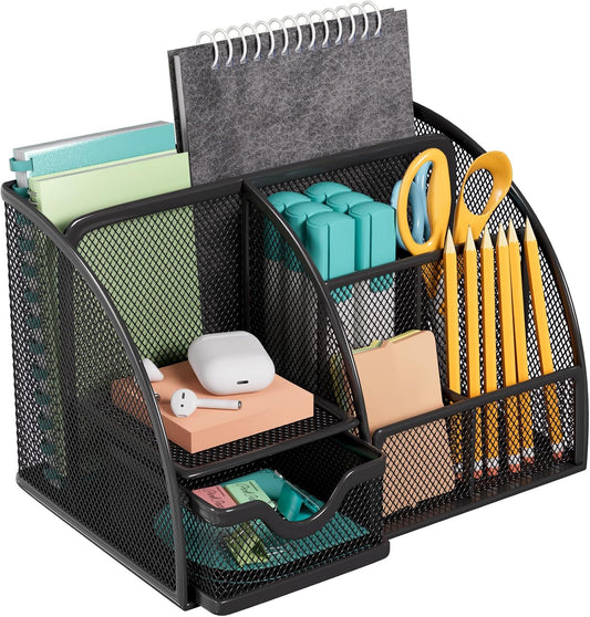 MaxGear Metal Mesh Desk Organizer - Sleek 6-Compartment Pen Holder with Drawer
