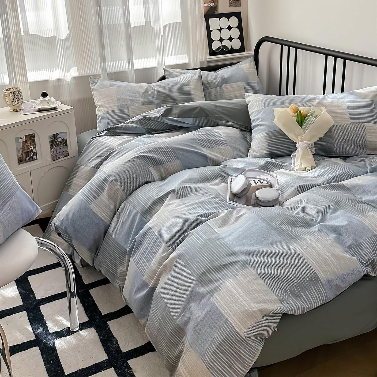 Twin XL Comforter Set Soft Aesthetic Blue Geometric Design