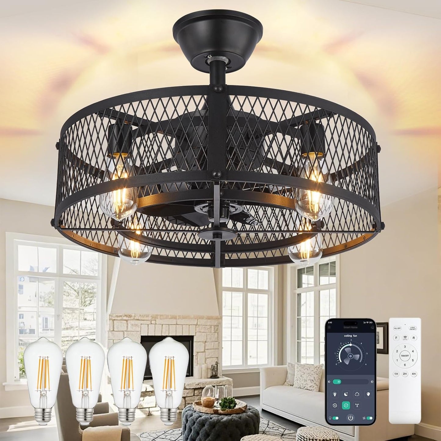 DLLT Caged Ceiling Fan with Light: Stylish 20 in Fandelier