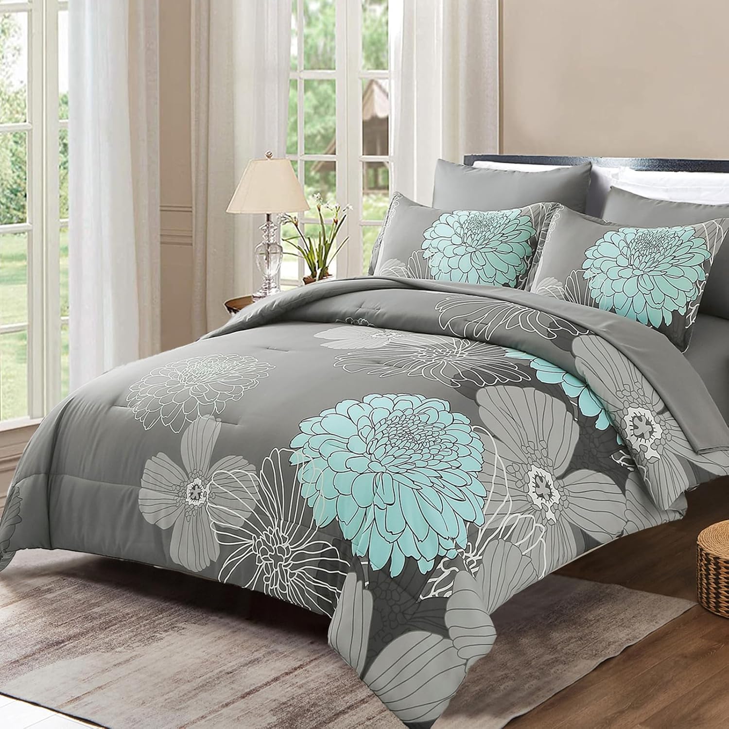 Yiran 7 Pieces Bed in a Bag Floral Comforter Set for King