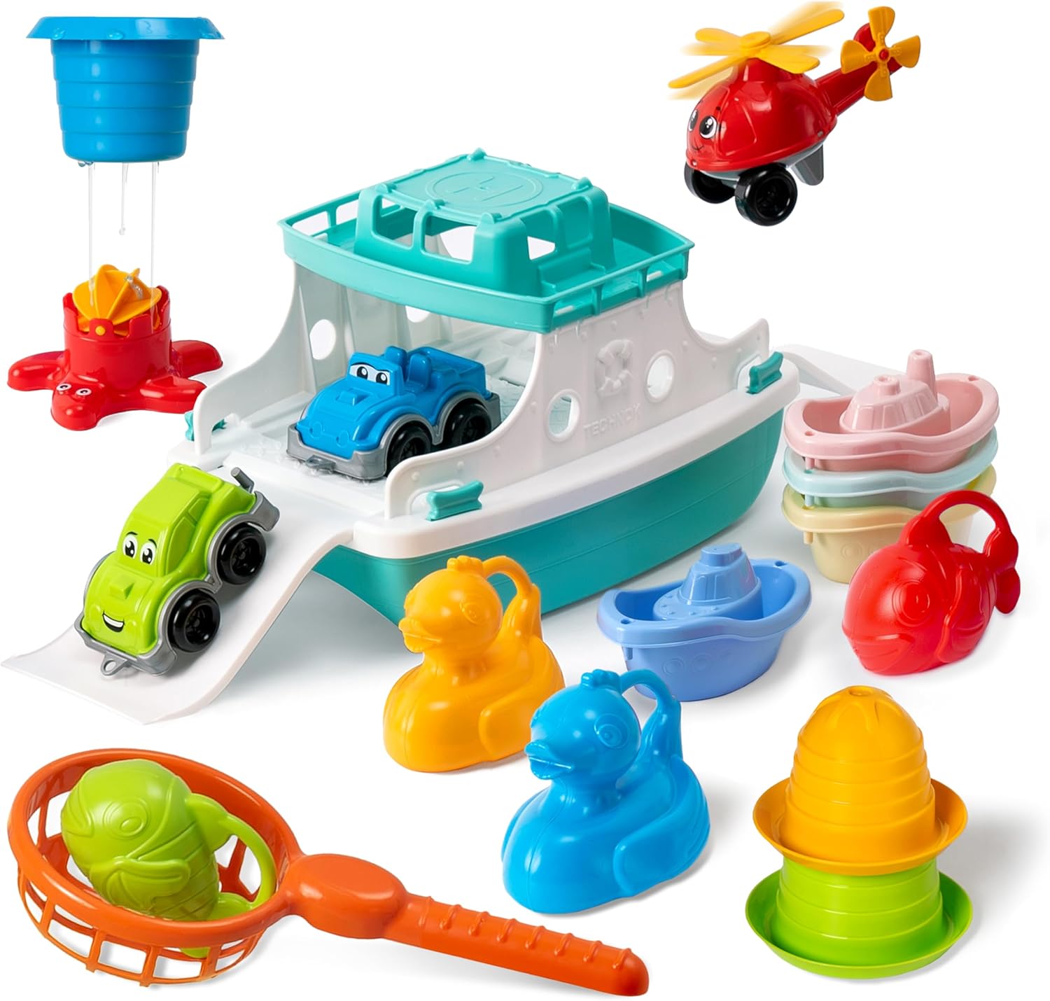 BathTime Fun Set | Ferry Boat with Helicopter & Cars | Stackable Cups | Utoyz