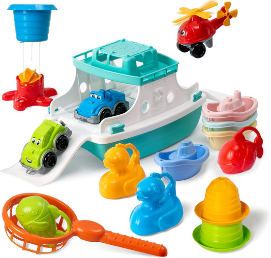 BathTime Fun Set | Ferry Boat with Helicopter & Cars | Stackable Cups | Utoyz