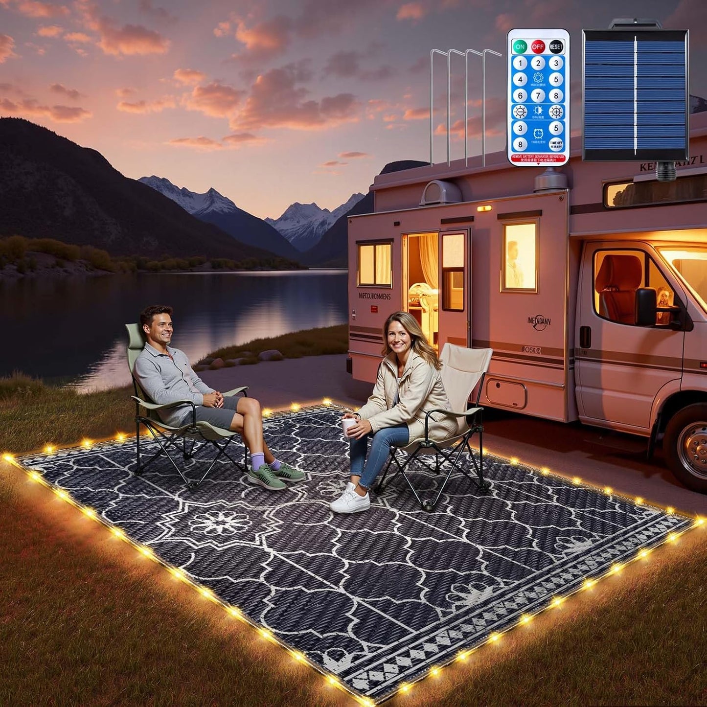 6x9Ft Solar Powered Outdoor Rug with LED Lights for Camping