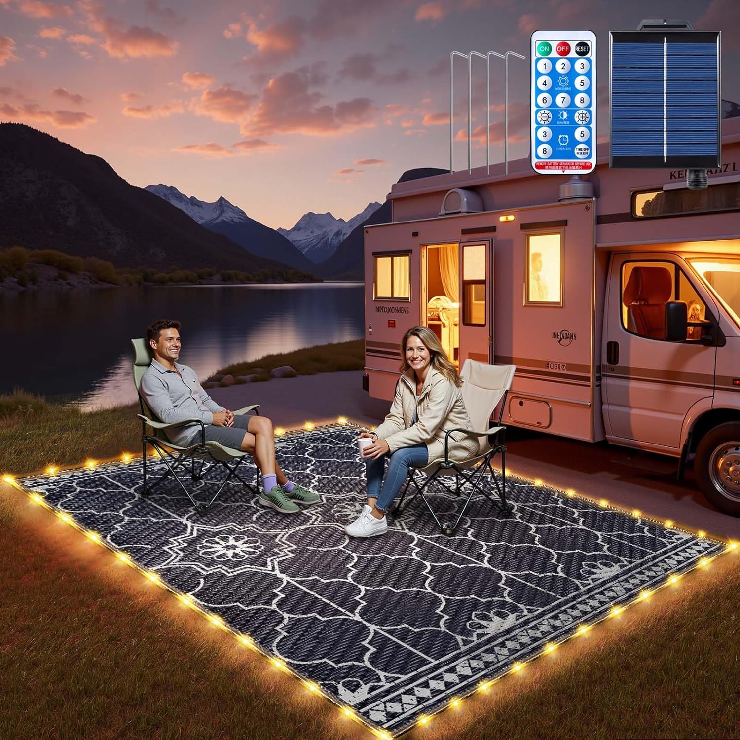 6x9Ft Solar Powered Outdoor Rug with LED Lights for Camping