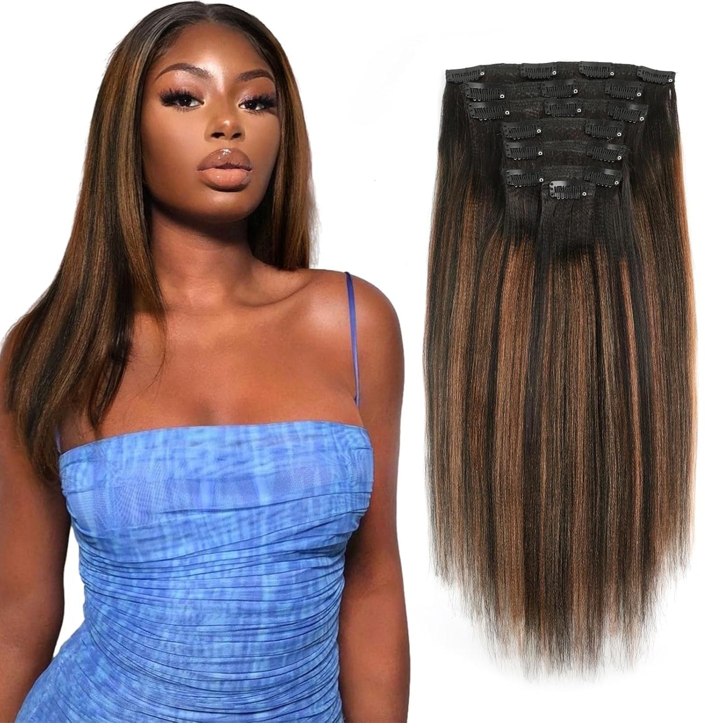 Yaki Straight Clip Ins Human Hair Extensions for Black Women