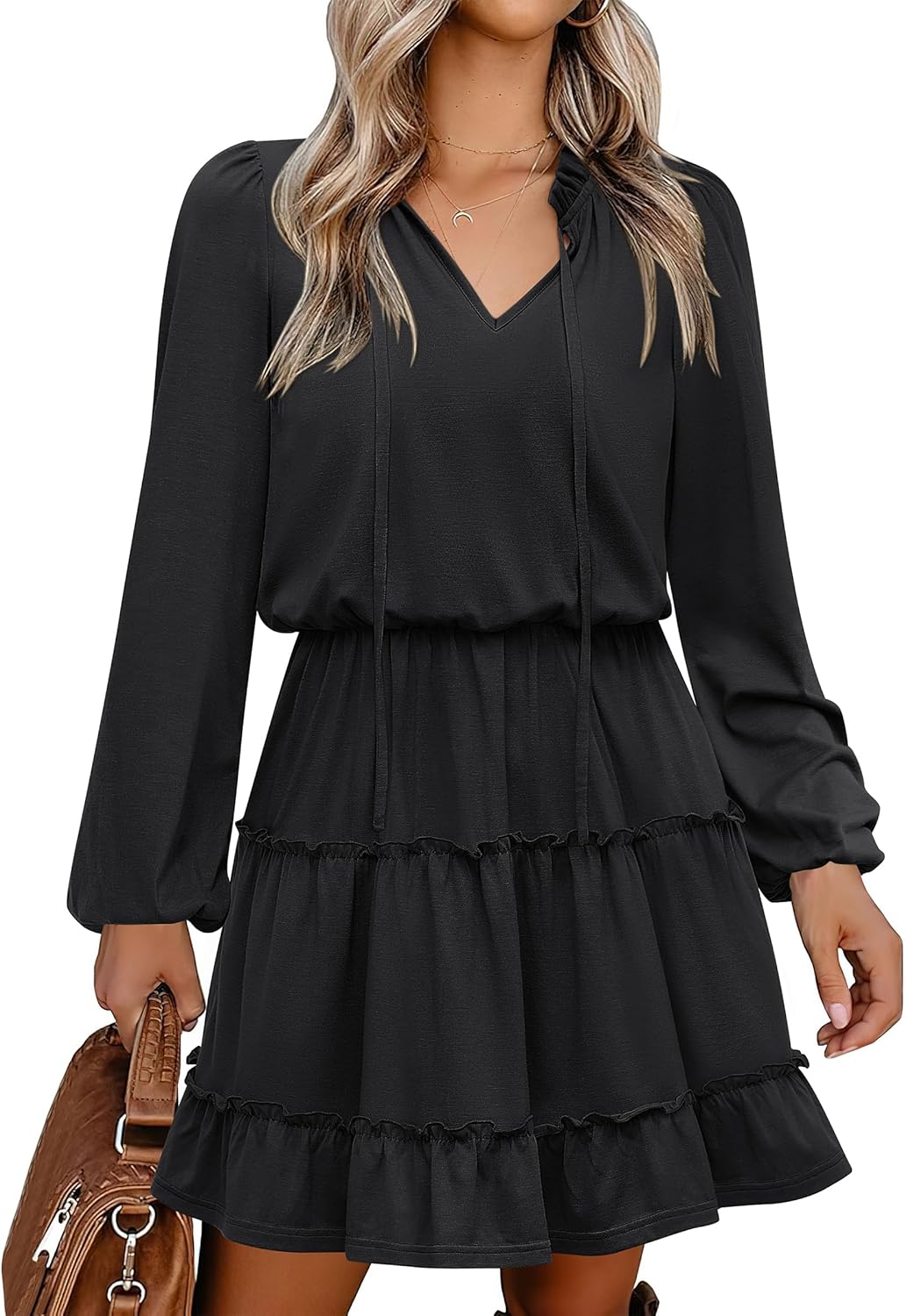 Caracilia Long Sleeve Dress for Women - Casual V Neck Style