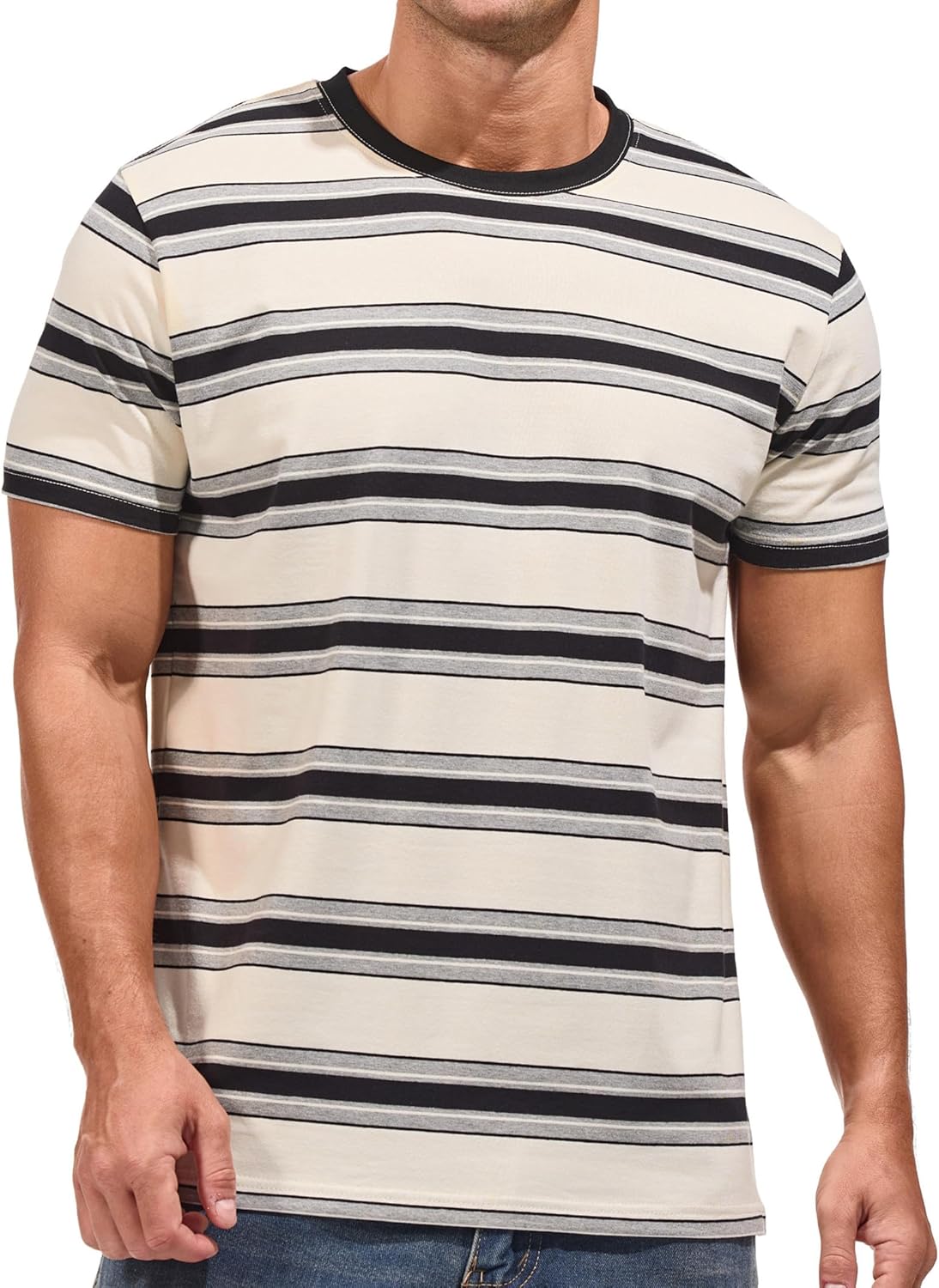 VEIISAR Men's Crewneck Striped T-Shirt for Comfort and Style