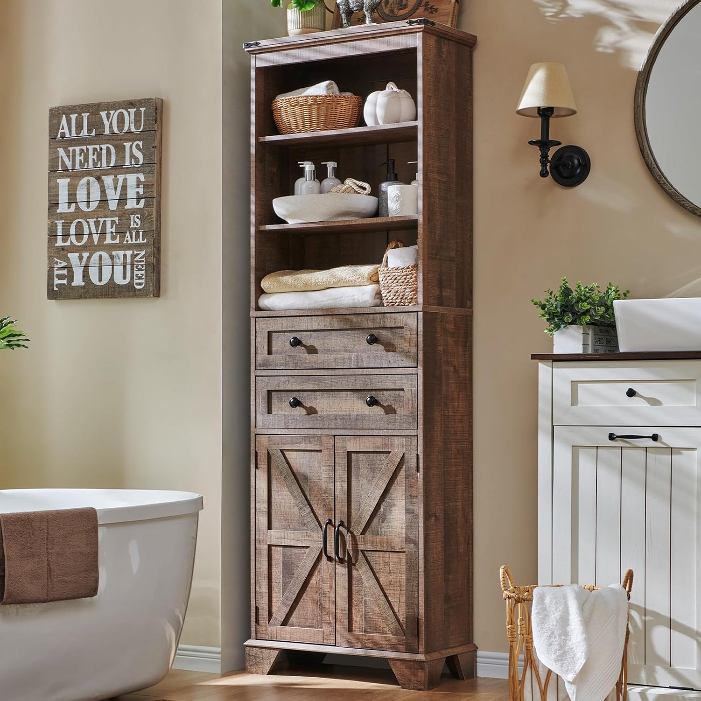 Farmhouse Bathroom Cabinet with Barn Door & Adjustable Shelves