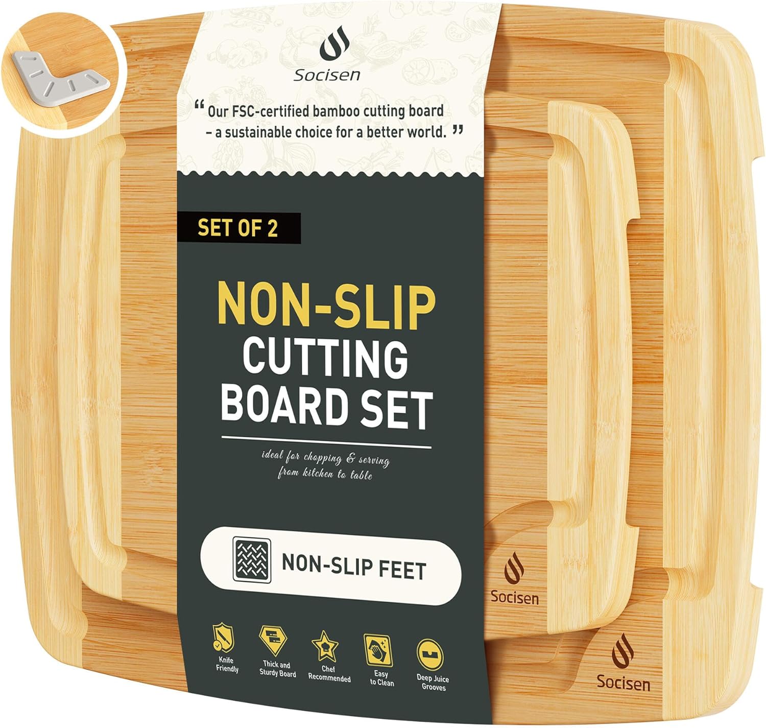 Bamboo Cutting Board Set with Non Slip Feet for Every Kitchen