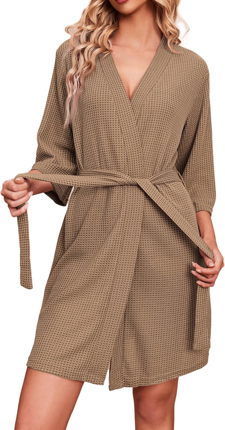 Ekouaer Waffle Knit Bathrobe for Women Soft Lightweight Loungewear