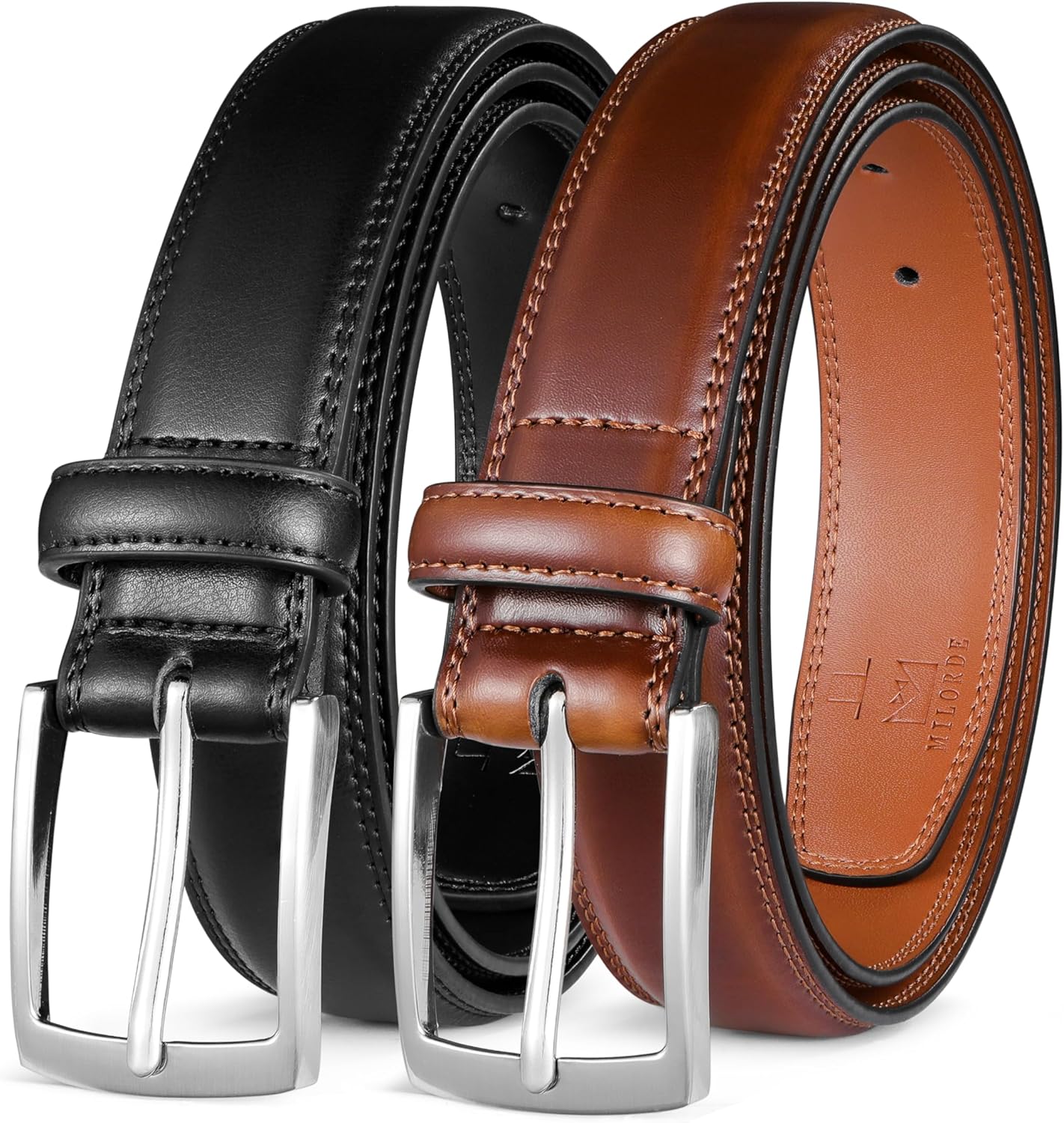 MILORDE Men's Leather Dress Belt 2Pack for Work and Casual Wear