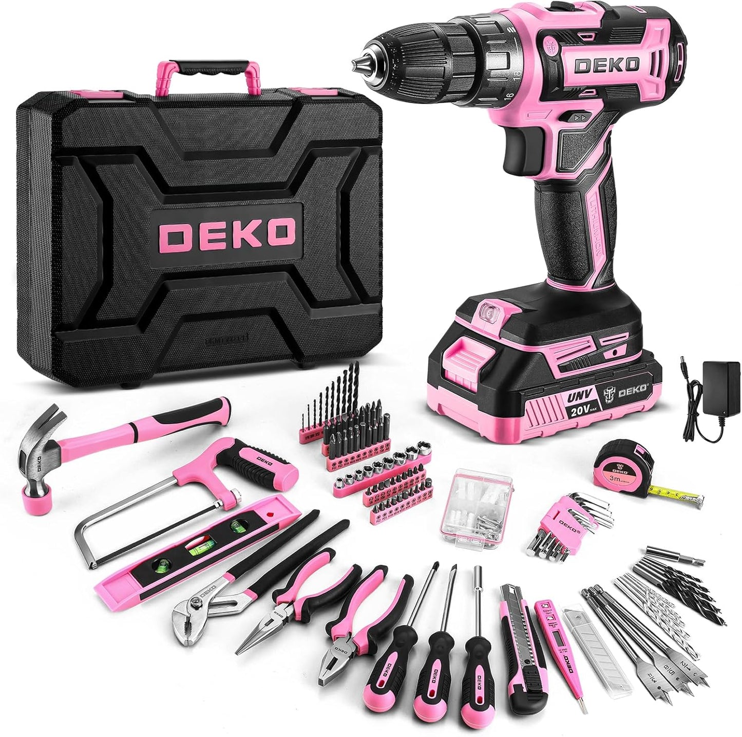 DEKOPRO Pink Drill Tool Kit Set: 20V Cordless Power Drill