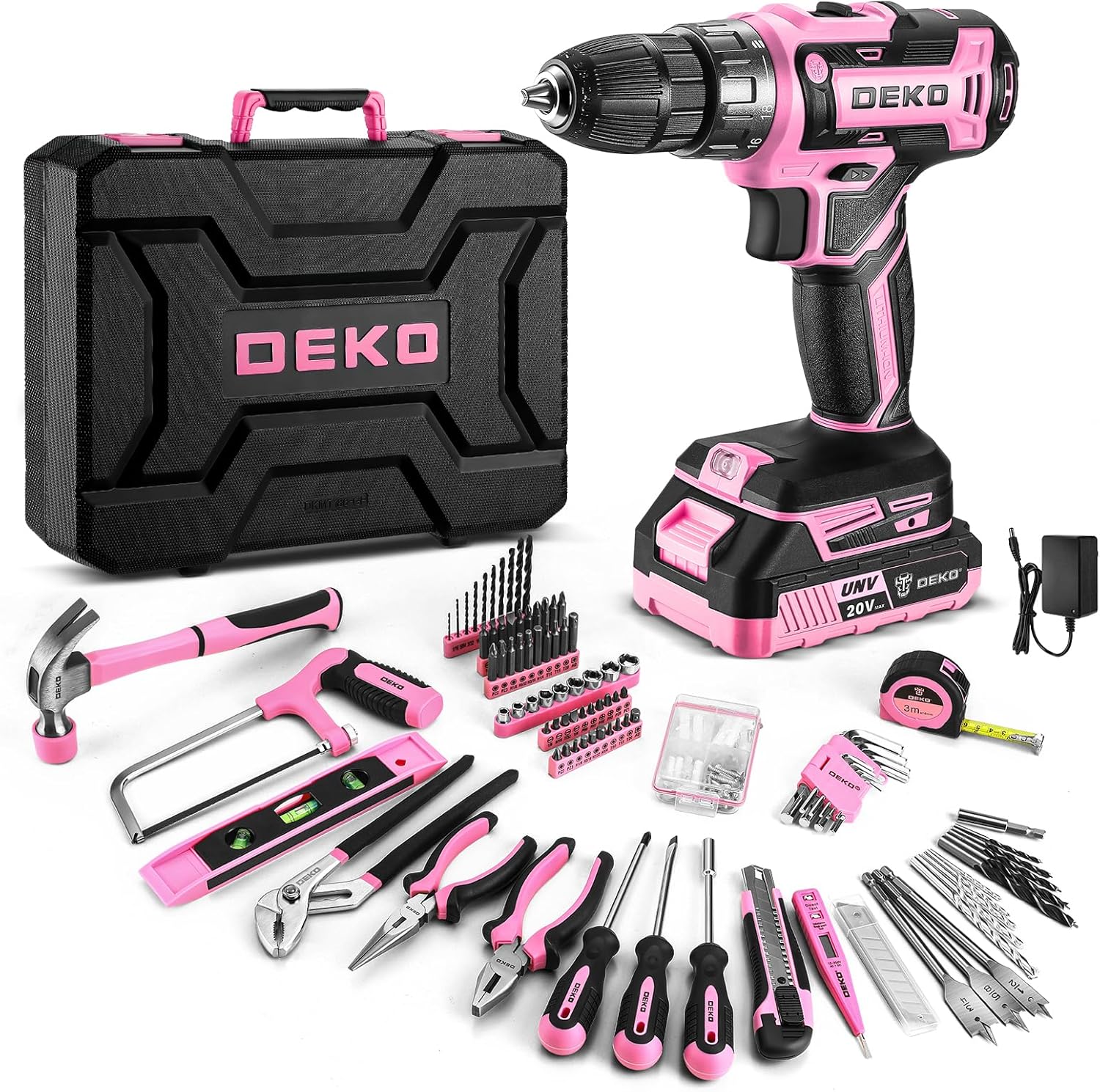 DEKOPRO Pink Drill Tool Kit Set: 20V Cordless Power Drill