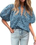 Womens Casual Summer Blouse V Neck Eyelet Embroidery - Lightweight