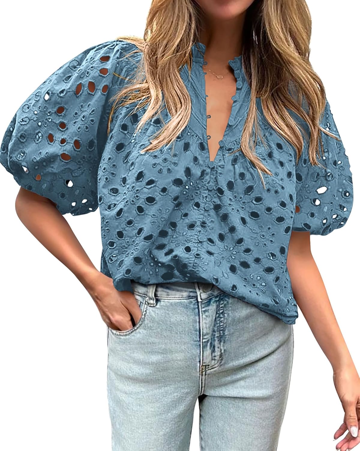 BTFBM Womens Casual Summer Blouse with Eyelet Embroidery Design