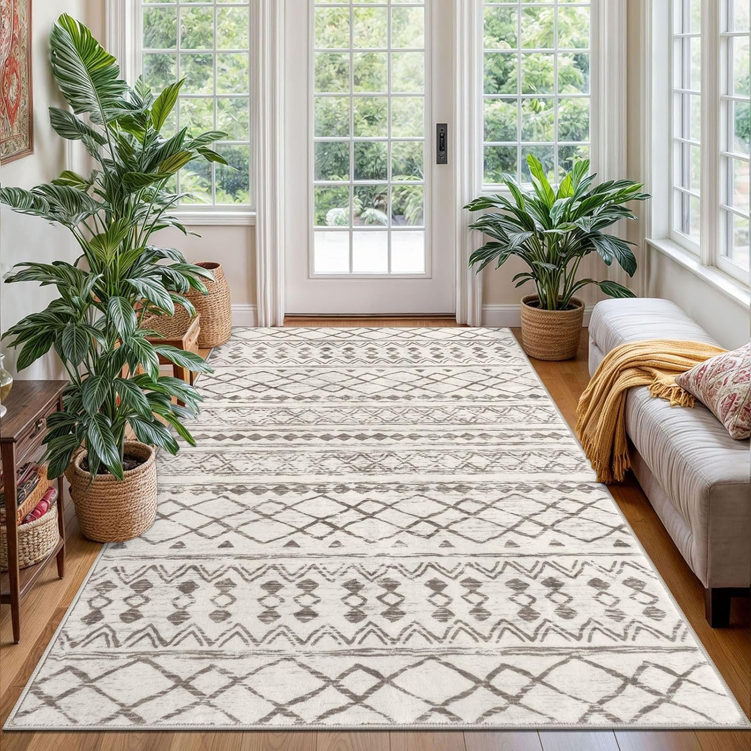 KUTA Area Rug 4x6 Beige Boho Moroccan Washable Non Slip