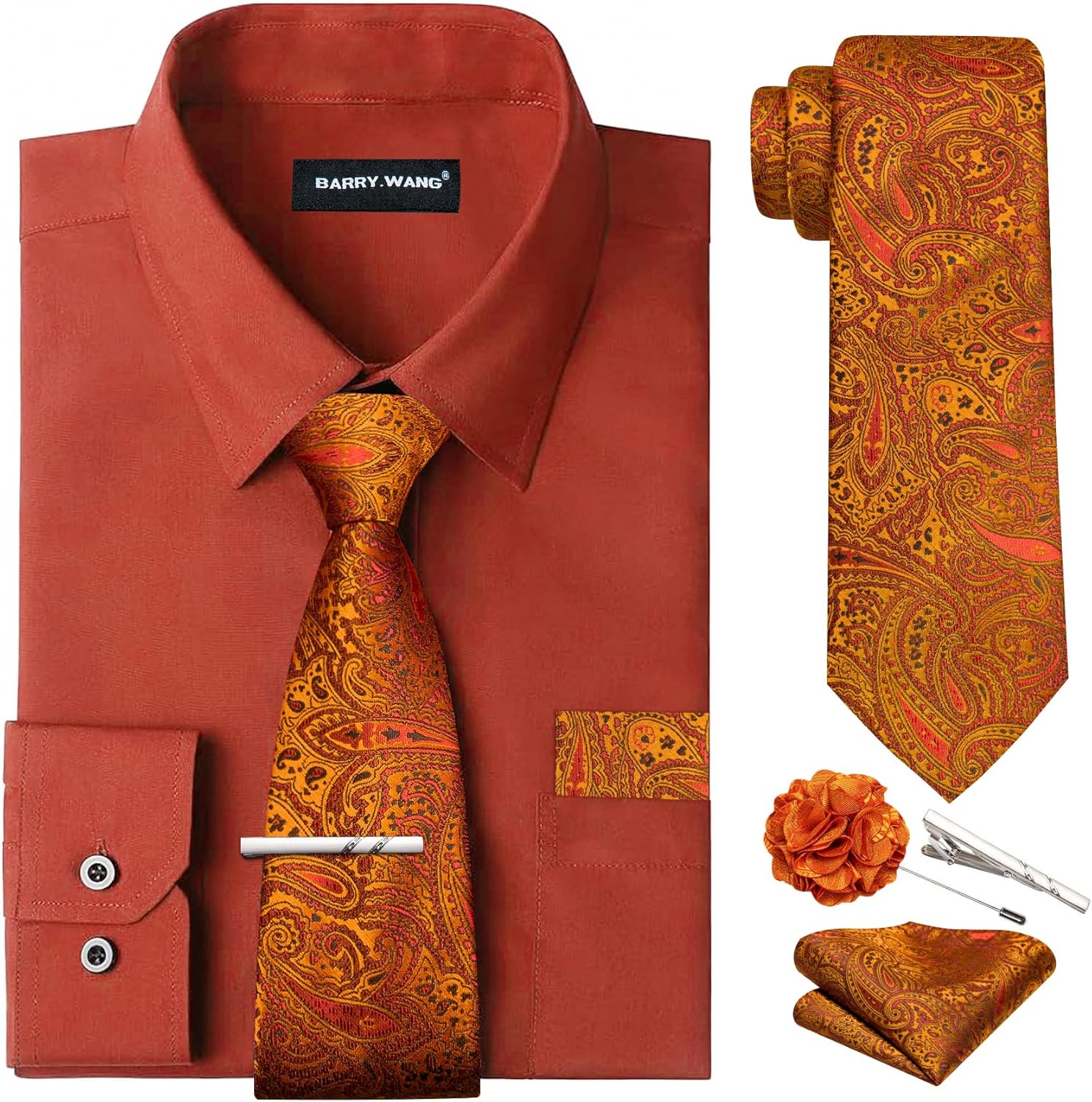 Barry.Wang Solid Colors Mens Dress Shirt and Tie Set for All Occasions