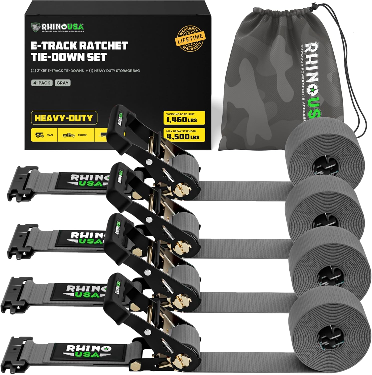 Rhino USA E Track Ratchet Tie Down Straps for Heavy Duty Use