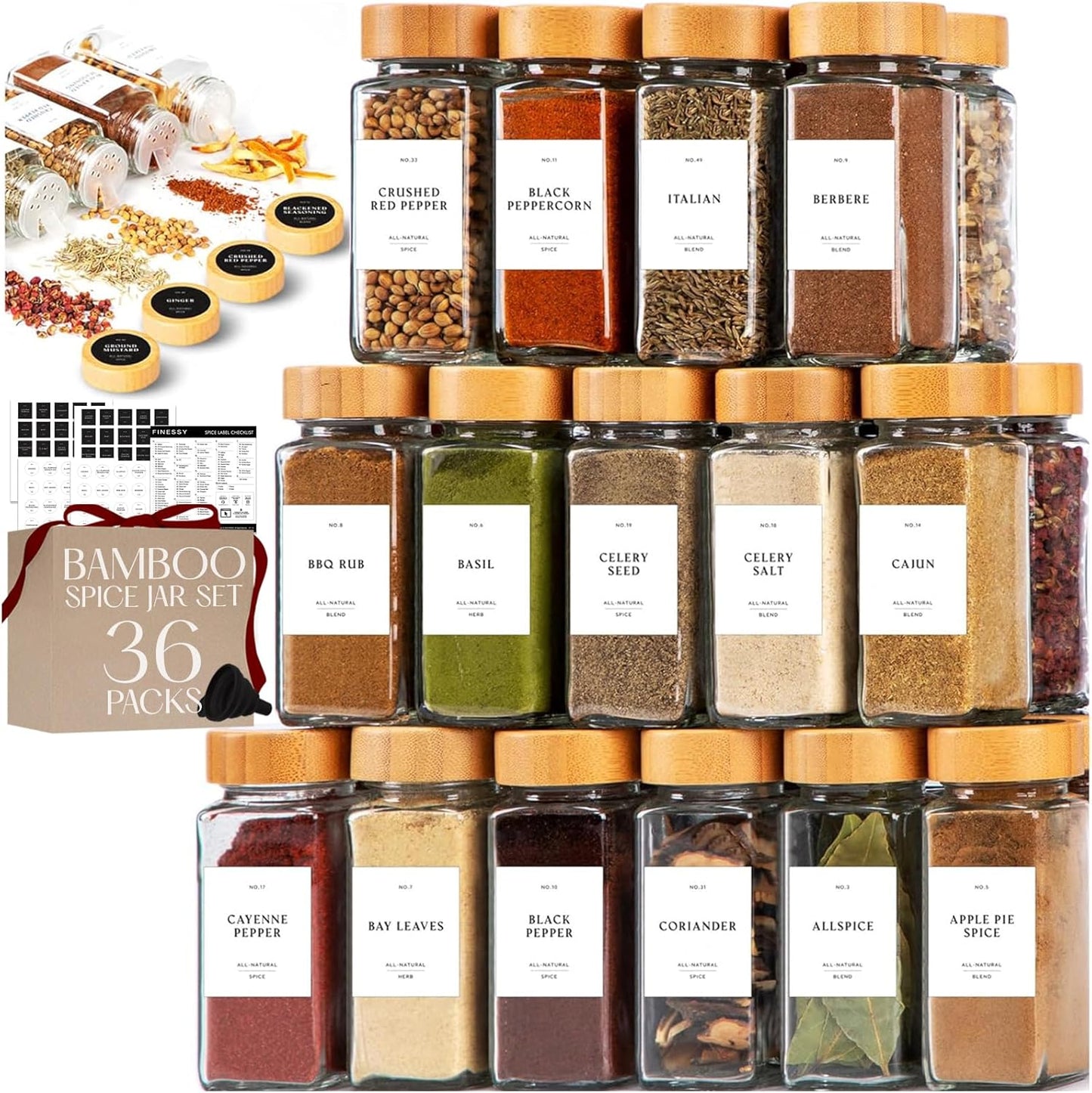 FINESSY Glass Spice Jars Set with Bamboo Lids for Kitchen