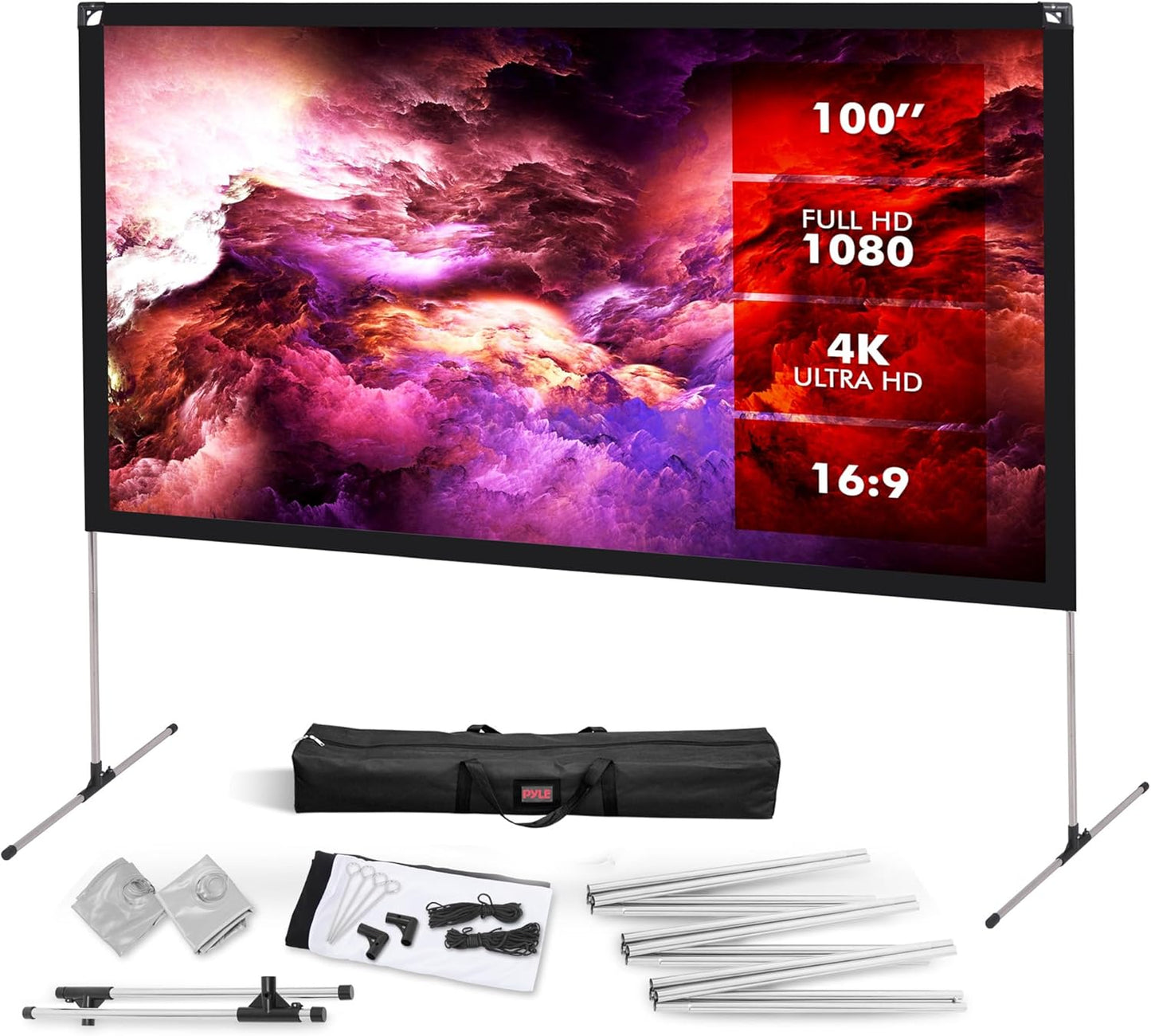 Pyle Projector Screen with Stand - 100in 16:9 HD 4K Display