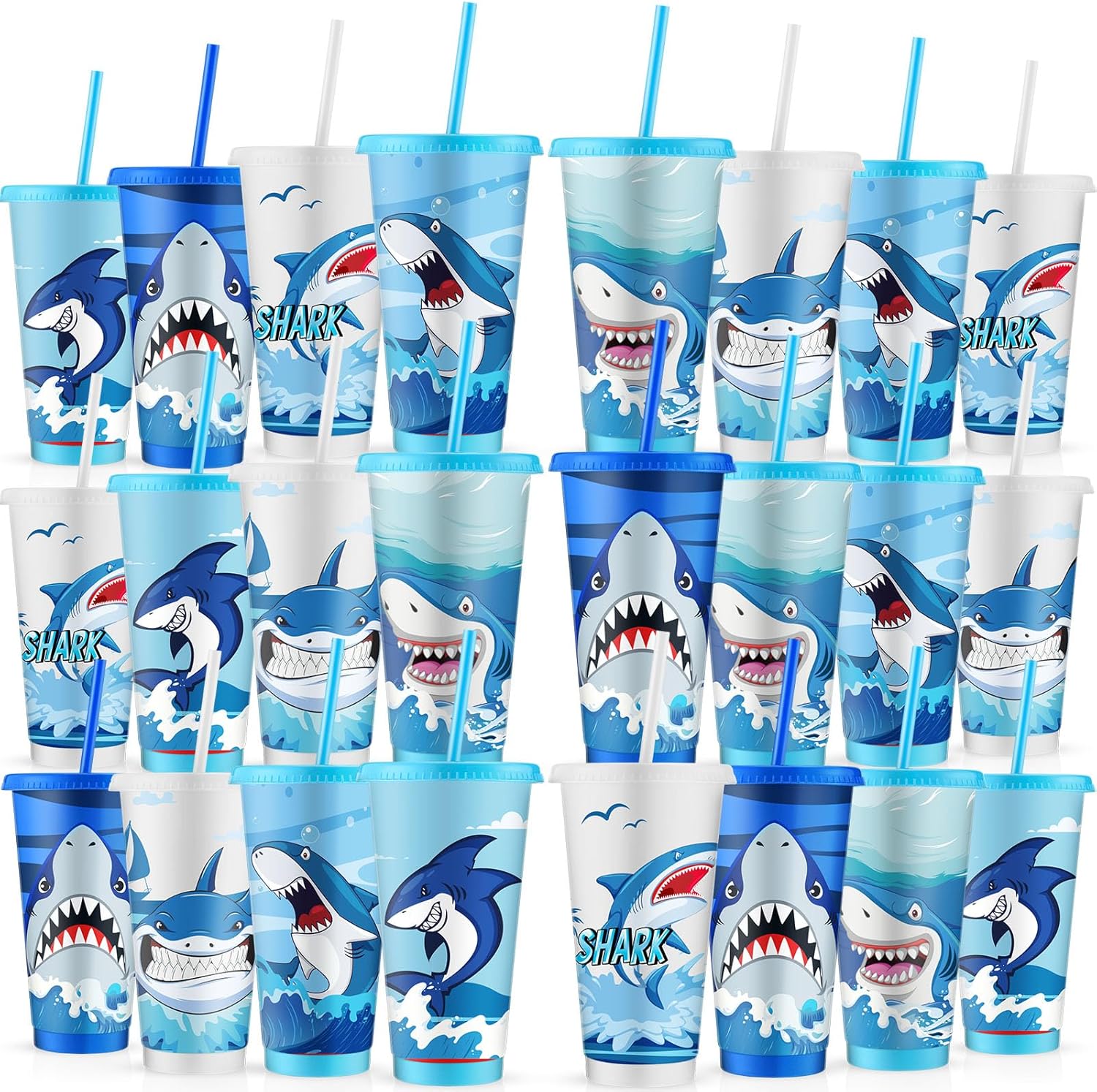24 Pcs Shark Cups with Lid Straw for Ocean Theme Parties