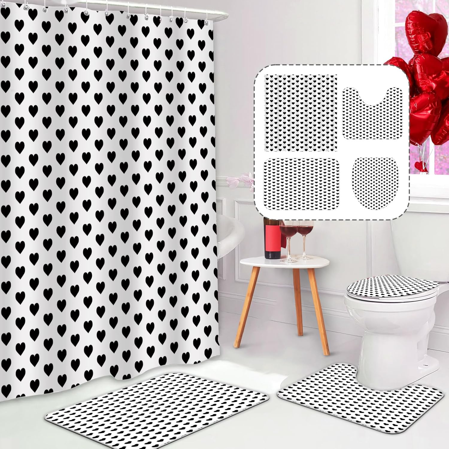 Valentine's Day Shower Set with Non-Slip Rugs