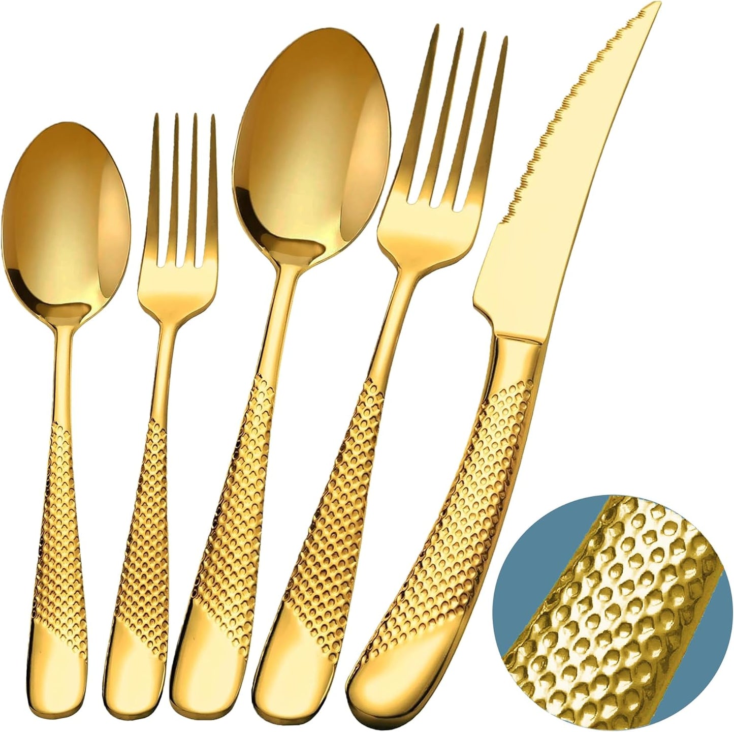 Runfly 20 Piece Hammered Gold Silverware Set for Modern Dining