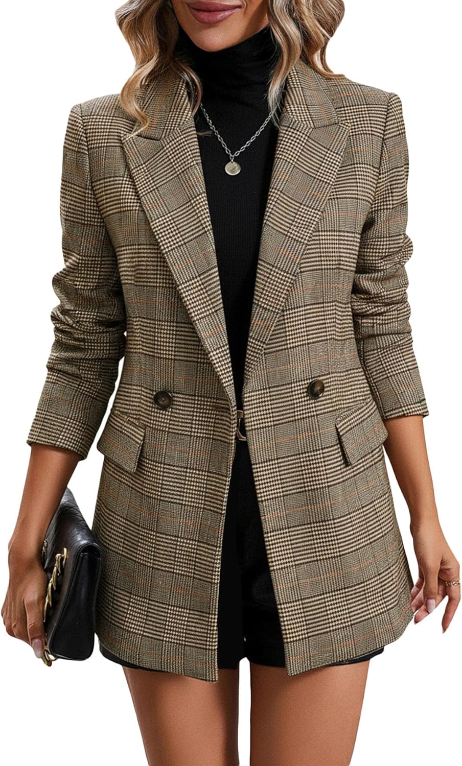 Mina Self Women's Plaid Houndstooth Blazer Jacket for Fall