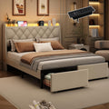 Beige Full Size Bed Frame with Storage Headboard and LED Lights