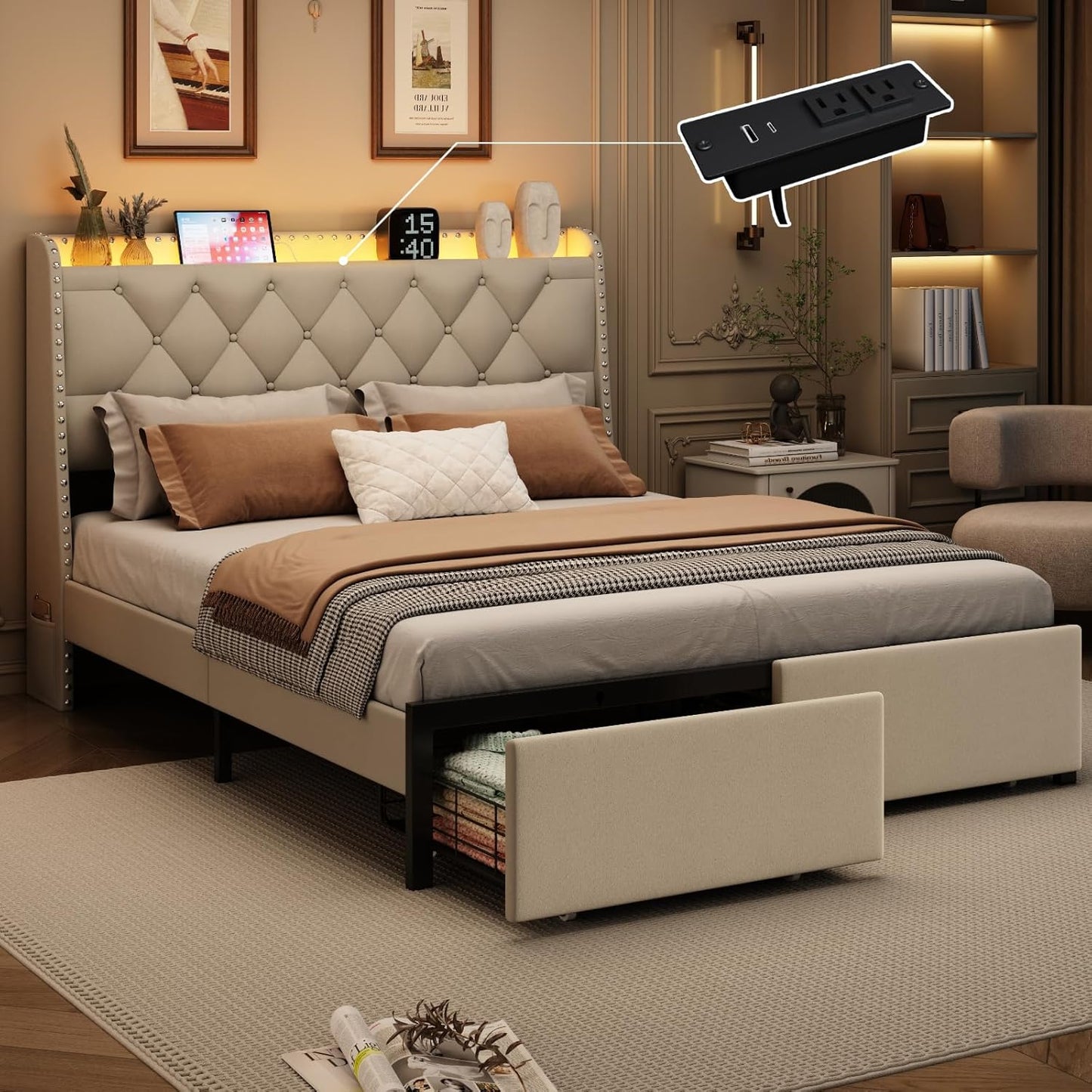 Full Size Bed Frame with Storage Headboard and LED Lights